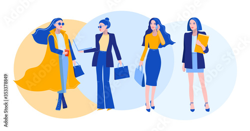 Vector illustration of successful business ladies. Female office worker. Woman is feminists. A woman wears a suit. Sexy lady working as a secretary in office. Making a career at work. Self-confident.