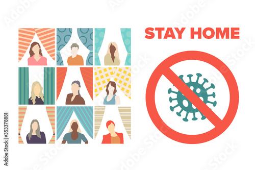 "STAY HOME", caution sign, people in windows. Concept of quarantine, pandemic, attention. 