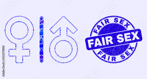 Geometric gender symbols mosaic pictogram and Fair Sex seal stamp. Blue vector round scratched seal with Fair Sex caption. Abstract composition of gender symbols created of round, triangles,