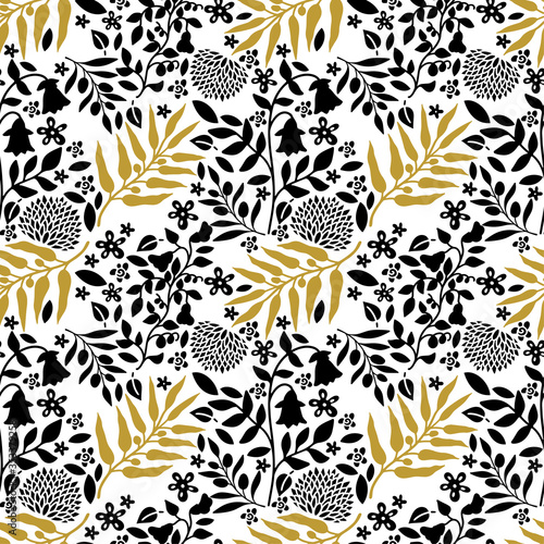 Seamless pattern. Flowers, herbs, leaves, branches, berries