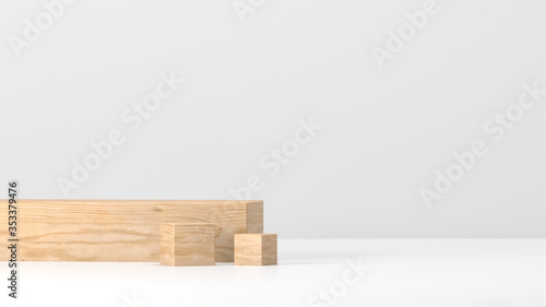 Fototapeta Naklejka Na Ścianę i Meble -  Showcase wooden pedestal for display, platform for design, blank product stand with empty room.Cube box 3d rendering wooden pedestal isolated on white background, abstract, mockup template for product