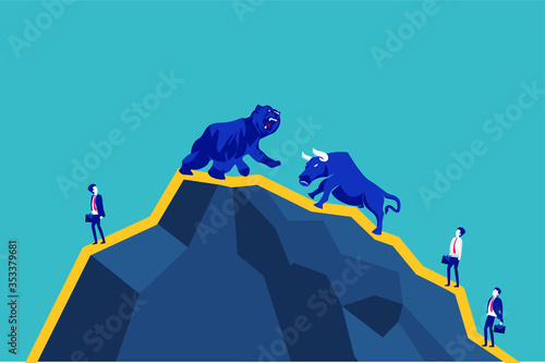 Stock exchange vector concept: Business people watching bear and bull fighting. Looking the right time to enter the stock market