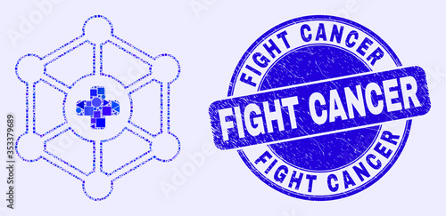 Geometric medical center links mosaic icon and Fight Cancer seal stamp. Blue vector round scratched seal stamp with Fight Cancer message. Abstract concept of medical center links combined of round,