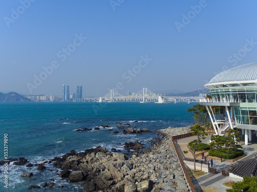 Busan bridge and coastline on a Sunny day photo