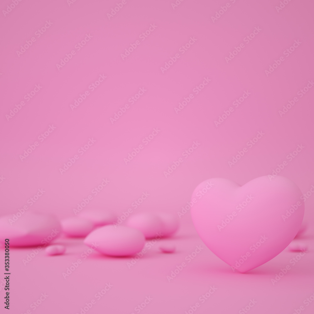 Hearts background. Valentine's day banner design. 3d illustration. Pastel pink hearts. Love symbol wallpaper. Datting, wedding, engagement, marriage celebration. Romantic poster