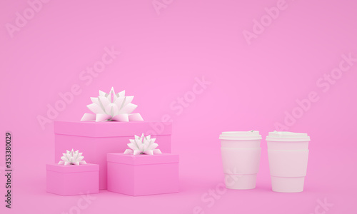 Coffee cups romantic pink color 3d render stage. Product stage and gift for valentine or other holiday composition. Abstact 3d geometric shapes backdrop for holiday concept.