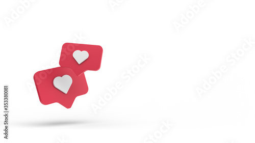Compositiong Like heart icon on a red pin isolated on white background. 3d render. 3d social media notification love like heart icon in red rounded square. Golden ratio