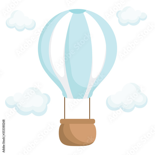 Turquoise striped hot air-balloon with brown basket with white clouds for design of album, scrapbook, card and invitation. Flat cartoon colorful vector illustration isolated on white background.
