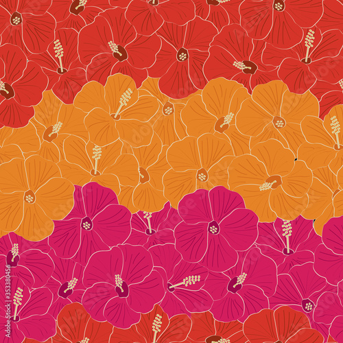Vector Hibiscus Flowers in Pink Red Orange Seamless Repeat Pattern. Background for textiles, cards, manufacturing, wallpapers, print, gift wrap and scrapbooking.
