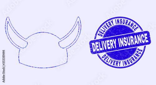 Geometric horned helmet mosaic icon and Delivery Insurance stamp. Blue vector round grunge stamp with Delivery Insurance phrase. Abstract collage of horned helmet designed of round, tringle,
