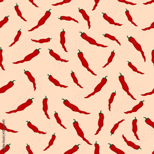 Hot red chili peppers seamless pattern. Vector stock illustration on color background. Trendy flat illustration style. Great for textiles, paper and other surfaces. 