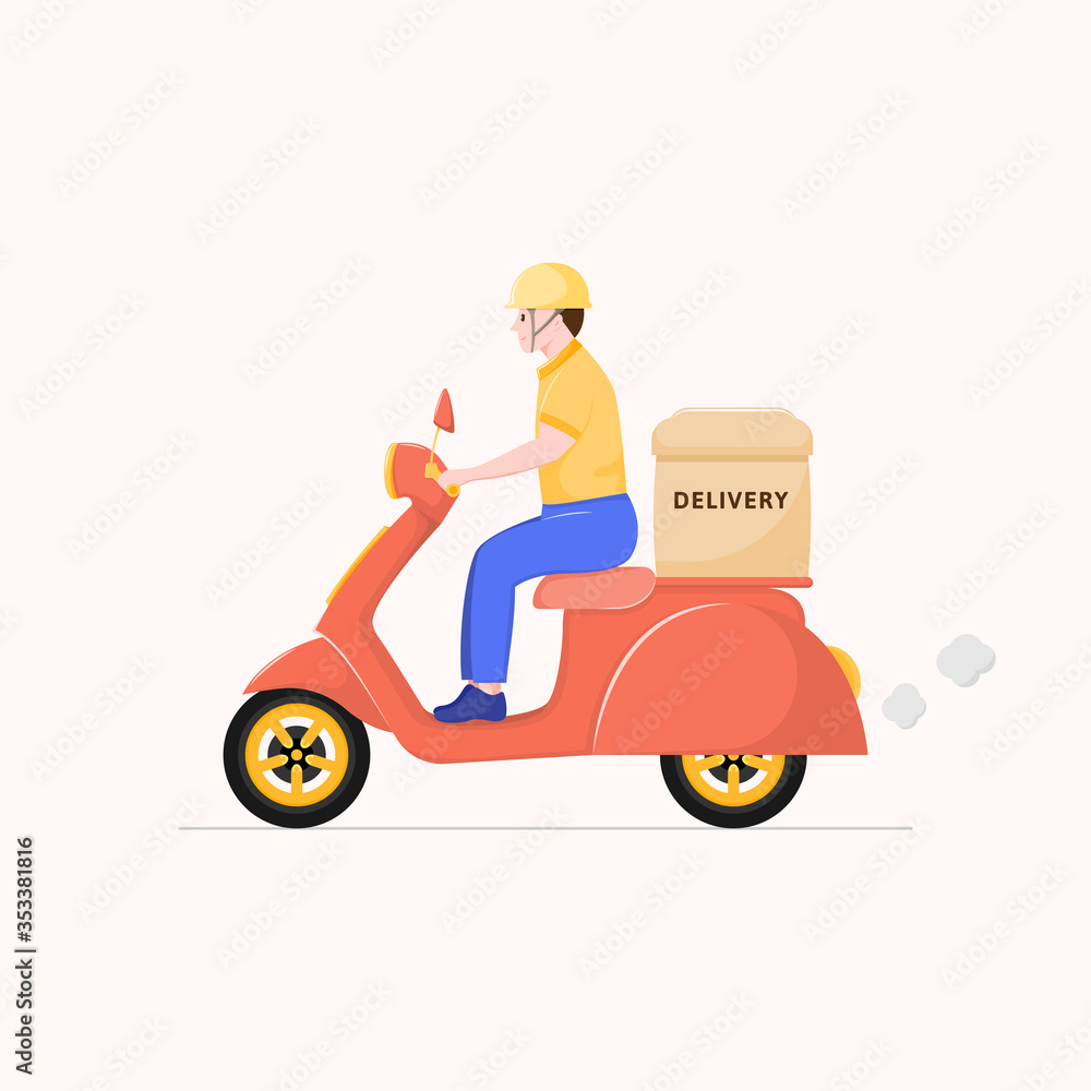 Delivery man driving a scooter, vector illustration. Delivery man driving a scooter, vector illustration.
