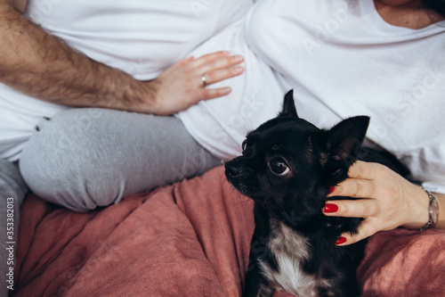 Young pregnant woman with her husband at home. Man is touching his wife belly. Small black dog on a bed Future parents feeling their future baby through the belly. Anonymous faces