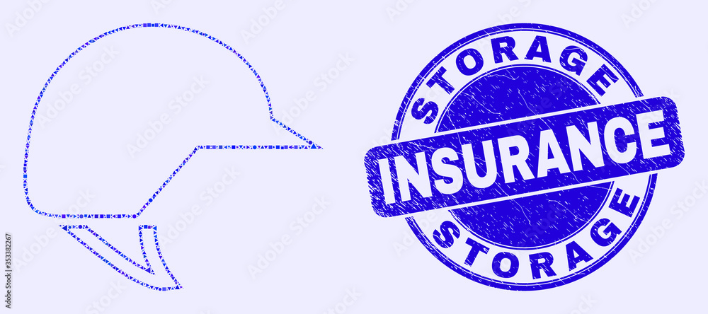 Obraz premium Geometric motorcycle helmet mosaic icon and Storage Insurance seal stamp. Blue vector rounded grunge seal stamp with Storage Insurance title. Abstract mosaic of motorcycle helmet composed of circle,