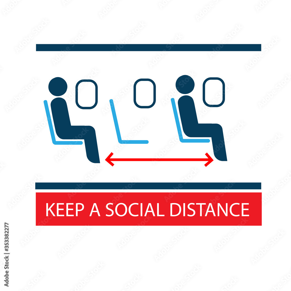 Keep a safe distance on Board the aircraft. Passengers should keep a social distance in the cabin. Prevention of coronavirus infection. Sticker. Icon. Vector flat illustration