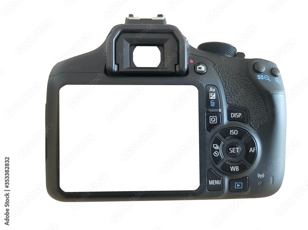 Isolated camera on a white background. Isolated white screen for mockup Isolated camera on a white background. Isolated white screen for mockup