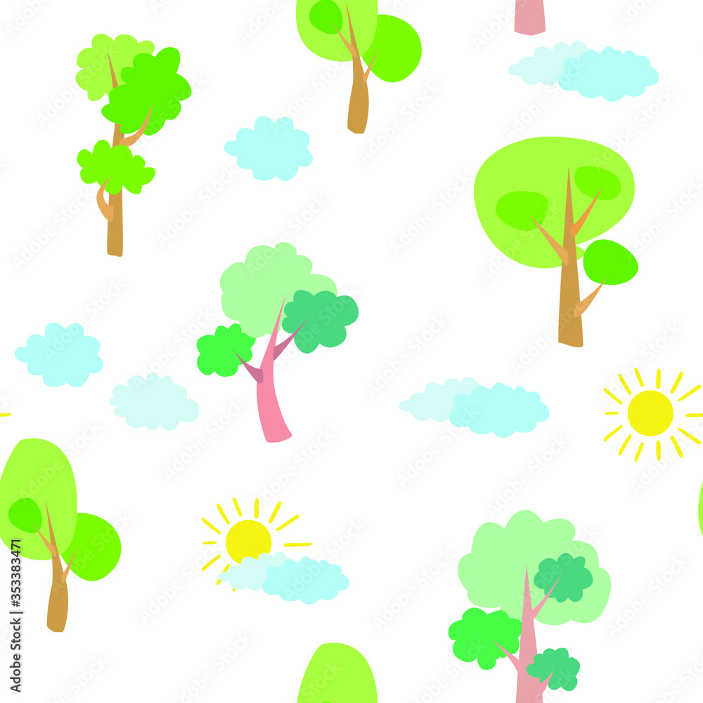 Seamless vector pattern of children's drawing. House, clouds, trees. Line vector drawing. Drawn by a child. Suitable for children's room decoration, fabric, decor. Doodle style. Seamless vector pattern of children's drawing. House, clouds, trees. Line vector drawing. Drawn by a child. Suitable for children's room decoration, fabric, decor. Doodle style.
