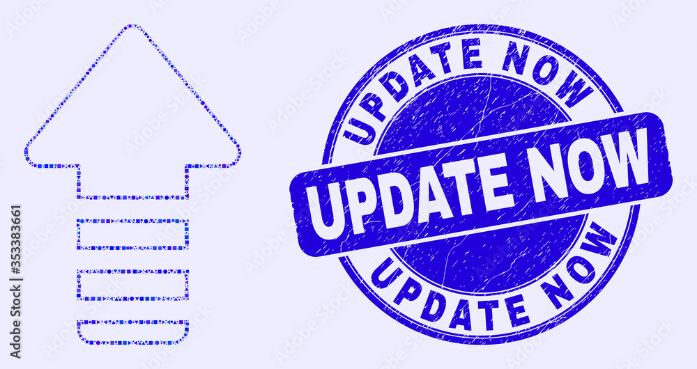 Geometric update arrow mosaic icon and Update Now seal stamp. Blue vector round grunge seal stamp with Update Now phrase. Abstract mosaic of update arrow organized of circle, triangles, Geometric update arrow mosaic icon and Update Now seal stamp. Blue vector round grunge seal stamp with Update Now phrase. Abstract mosaic of update arrow organized of circle, triangles,