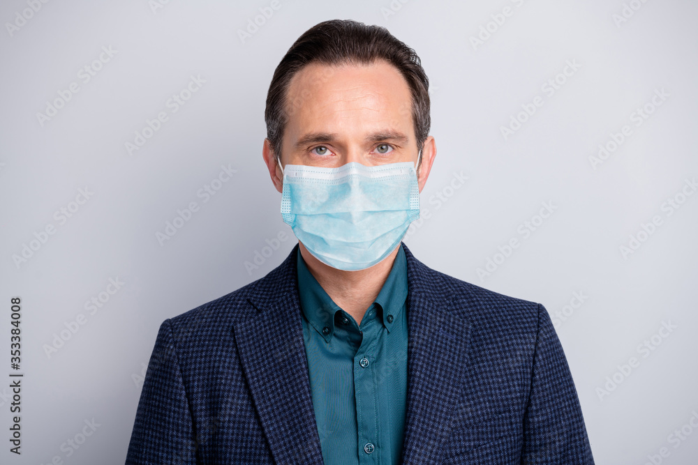 Close-up portrait of his he nice attractive serious middle age brunet guy office executive wearing formalwear sterile mask cv resume looking job isolated over light white gray pastel color background Close-up portrait of his he nice attractive serious middle age brunet guy office executive wearing formalwear sterile mask cv resume looking job isolated over light white gray pastel color background