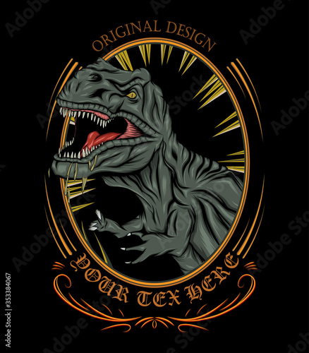 Illustration of green head tyranosaurs or t rex for poster element with black tyrex text type isolated in black background. monsters dinosaurs poster.