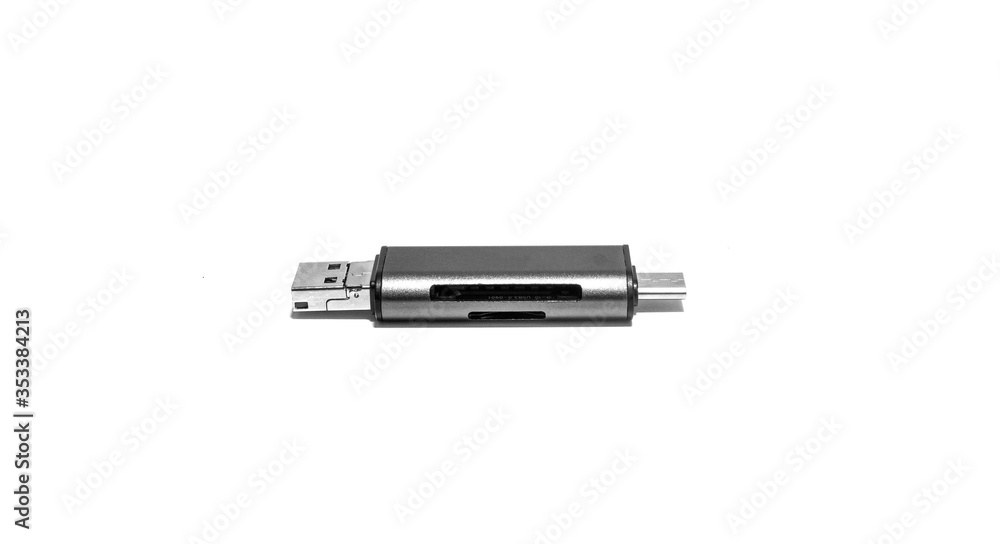 converter from micro usb to usb, flash drive on white background. Connection scheme of a flash drive to a smartphone via an adapter. Closeup. converter from micro usb to usb, flash drive on white background. Connection scheme of a flash drive to a smartphone via an adapter. Closeup.