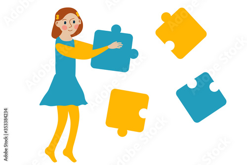 Autism. Children autism spectrum disorder ASD. Children girl play in center giving information about treatment of ASD. Puzzles symbol of autism. Vector illustration. 