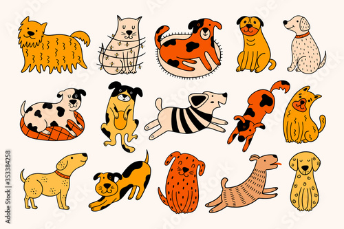 Set of 15 hand-drawn dogs on a beige background.