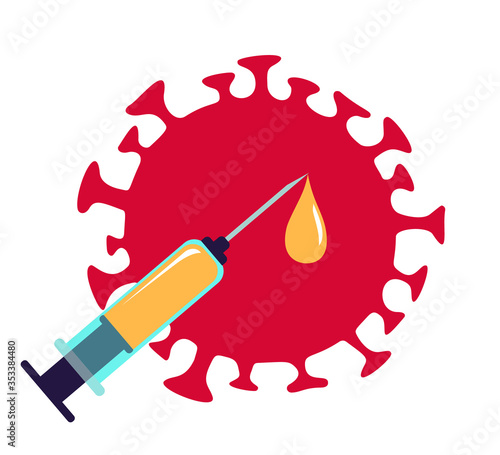 Syringe and drop of anti covid-19 virus vaccine. Big coronavirus on background. Vector for vaccination, immunization.