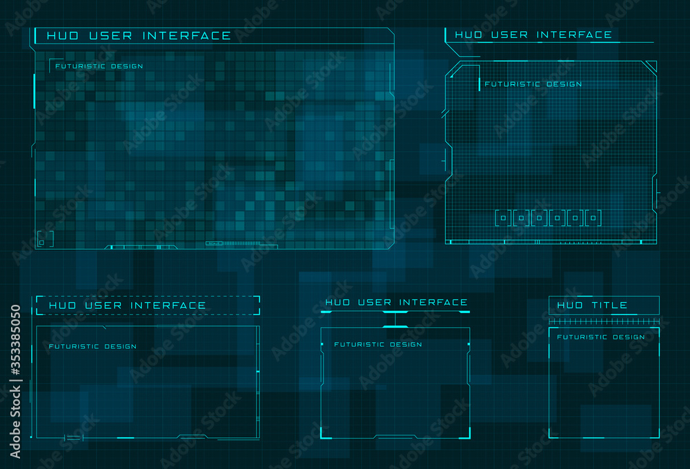 Set of HUD user screen interface on dark blue digital hi tech background. Futuristic layout of control panel and user menu in HUD style. Editable stroke. Good for animation. Vector