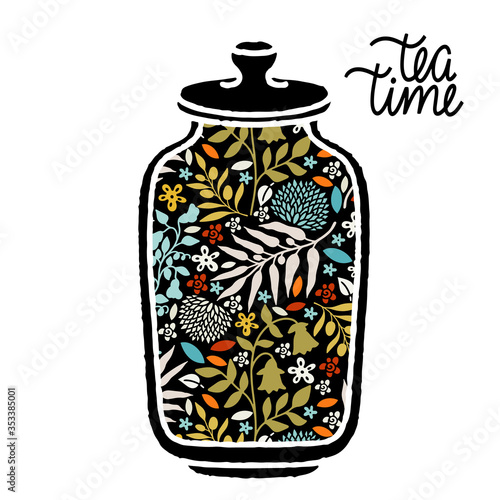 Jar, pot with flowers, herbs, leaves, plants
