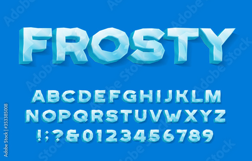 Frosty alphabet font. 3D ice letters and numbers with shadow. Stock vector typescript for your typography design.