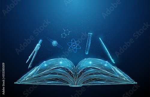 Abstract open schoolbook with icons of school subjects