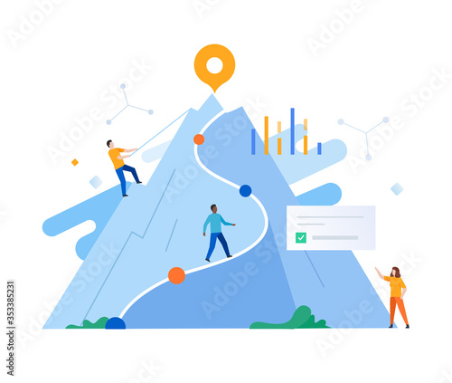Group of people develop business. Workflow, growth, graphics. Business development, milestones. lillustration infographics. Landing page site print poster