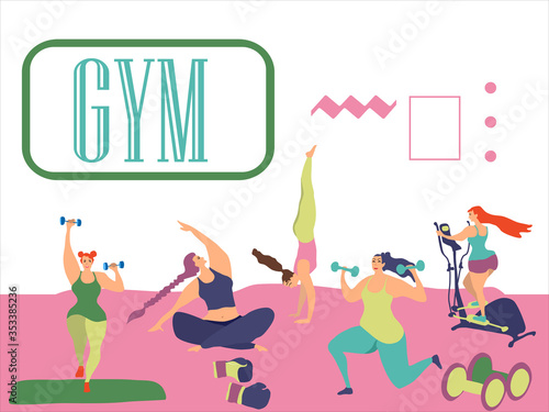 Sport exercises and yoga set. Cute funky girls training. Flat funky characters vector illustration. Fitness with training apparatus. Gym, healthy style. Different poses and exercises for healthy