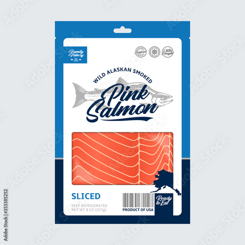 Vector smoked pink salmon packaging design concept. Modern style seafood label. Smoked salmon slices in a package isolated on a grey background