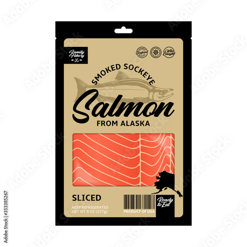 Vector smoked sockeye salmon packaging design concept. Modern style seafood label. Smoked salmon slices in a black and gold package isolated on a white background