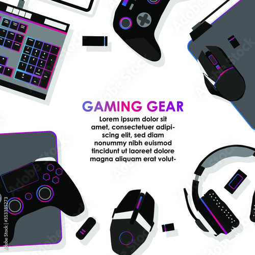 gamer workspace concept, top view a gaming gear, mouse, keyboard, joystick, headset, mobile joystick, in ear headphone and mouse pad on black table background.
