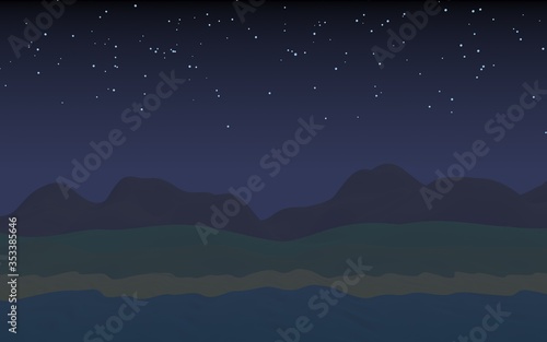 Starry moonless sky. Ocean shore line with waves on a beach. Island beach paradise with waves. Vacation  summer  relaxation. Seascape  seashore. Minimalist landscape  primitivism. 3D illustration