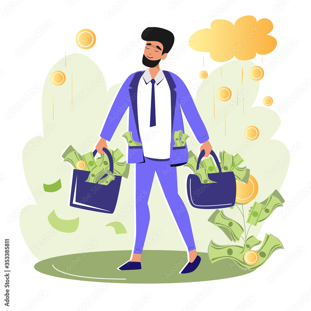 A man in a business suit carries suitcases with money. Concept businessman, wealth. Vector flat style illustration