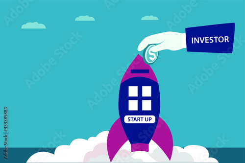 Business investment vector concept: Investor putting some money on a startup rocket which about to launch
