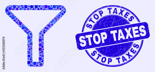 Geometric filter mosaic icon and Stop Taxes watermark. Blue vector rounded distress watermark with Stop Taxes caption. Abstract mosaic of filter constructed of circle, tringle, square geometric spots.