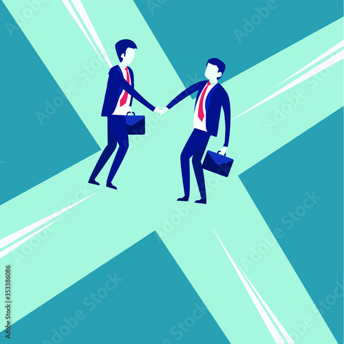 Business agreement vector concept: Two businessmen with suitcase shaking hands in the middle of crossroads
