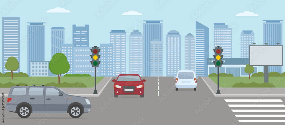 Crossroads with cars and traffic lights. Modern city life illustration.  Panoramic view. Flat style, vector illustration.