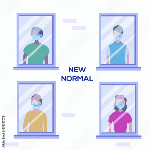 Coronavirus pandemic vector concept: People wearing face mask inside a building which is our new normal