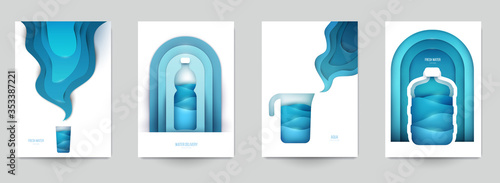 Collection templats cover for water. Abstract art composition in modern geometric papercut style. Minialistic concept design for branding banner, flyer, book, menu, card. Vector illustration.
