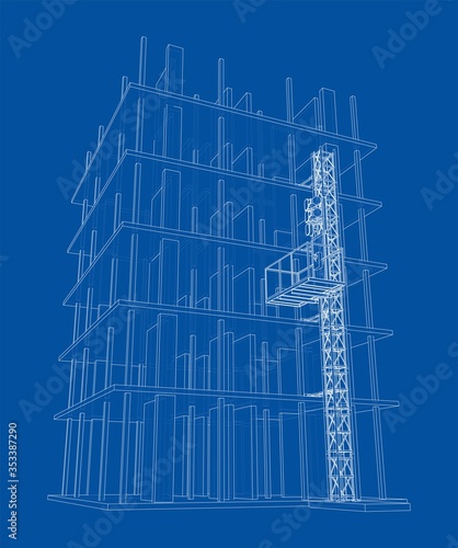 Building under construction with mast lifts