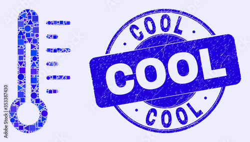 Geometric thermometer mosaic icon and Cool stamp. Blue vector round grunge stamp with Cool phrase. Abstract mosaic of thermometer constructed of circle, tringle, square geometric items.