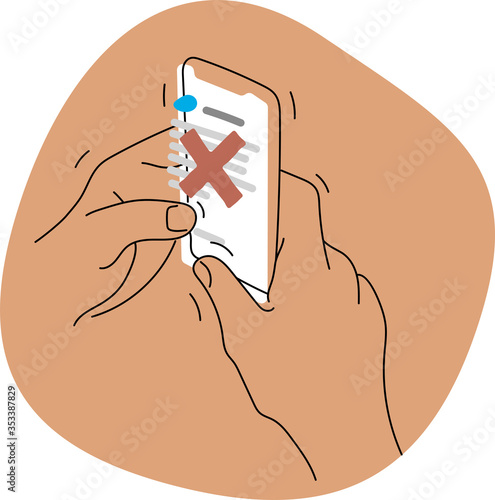 Illustration of hands holding a phone or a smartphone with the news app open on the screen, there is a big red cross flagging fake news or misinformation. Flat cartoon style simple vector image