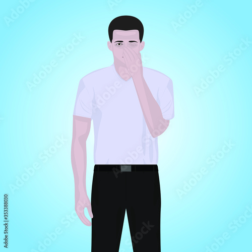 Man scratches nose and eyes. Vector illustration.