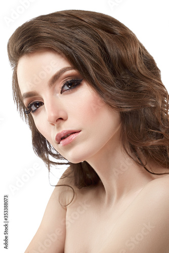 Portrait of beautiful young curly hair woman girl. Fashion photo